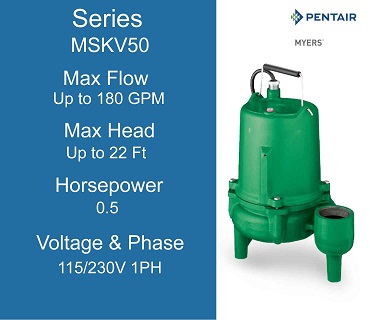  Myers Sewage Pumps, MSKV50 Series, 0.5 Horsepower, 115/230 Volts 1 Phase